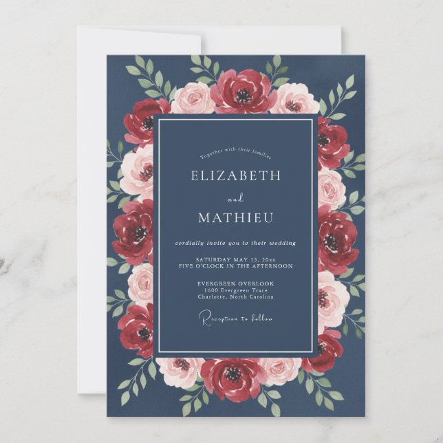 Crimson Ranunculus Slate Eucalyptus Wedding Invitation (Front)