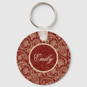Crimson Red And Beige Creme Vintage Paisley Keychain