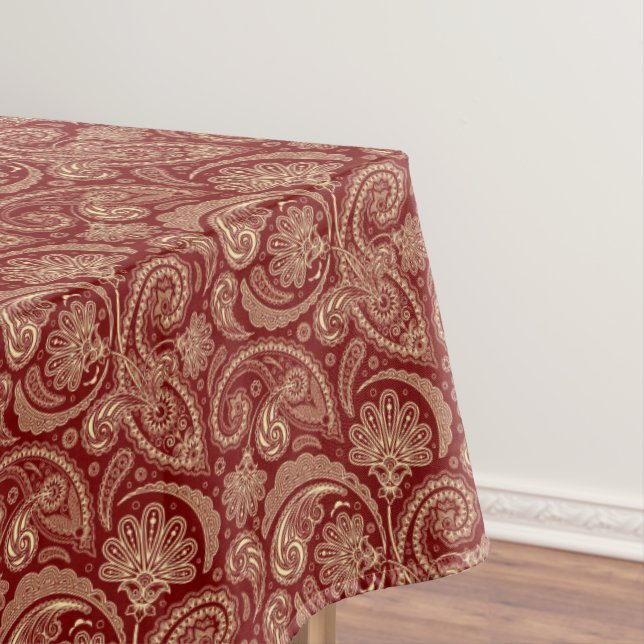 Crimson Red And Beige Creme Vintage Paisley Tablecloth (In Situ)