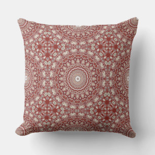 Crimson Red and Beige Mandala Pattern Throw Pillow
