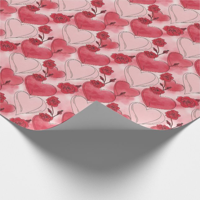 Crimson Red and Blush Pink Hearts and Roses  Wrapping Paper (Corner)