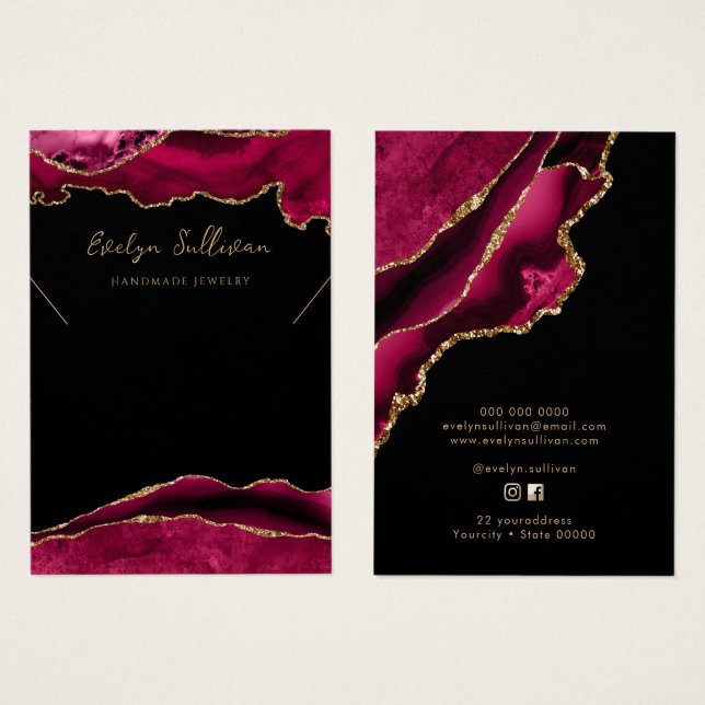 Crimson red and gold agate necklace display card (Front & Back)