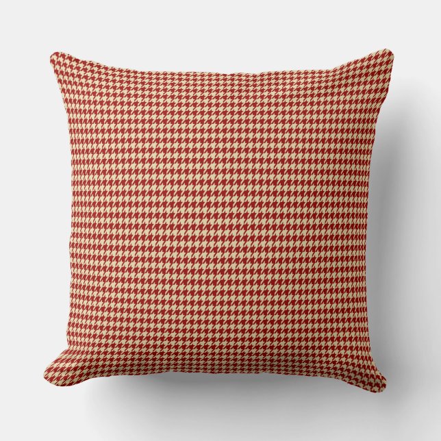 Crimson Red & Cream Houndstooth Geometric Pattern Throw Pillow (Front)