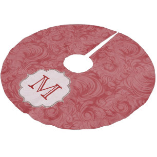 Crimson Red Damask Lac Monogram Initial Tree Skirt