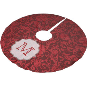 Crimson Red Damask Lac Monogram Initial Tree Skirt
