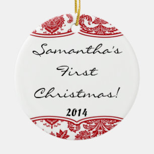 Crimson Red Damask Lace Personalized Name Ornament