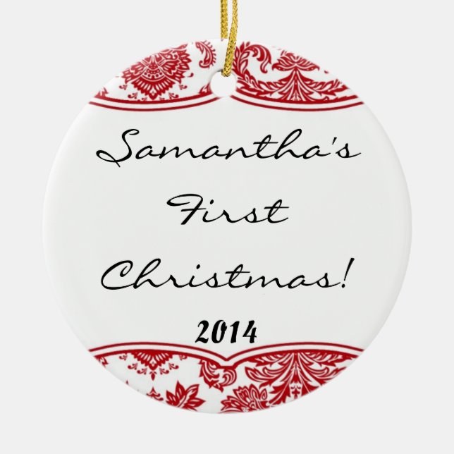 Crimson Red Damask Lace Personalized Name Ornament (Front)