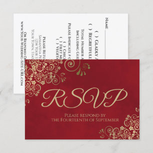 Crimson Red & Elegant Gold Lace Frilly Wedding RSVP Card