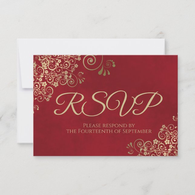 Crimson Red & Elegant Gold Lace Frilly Wedding RSVP Card (Front)