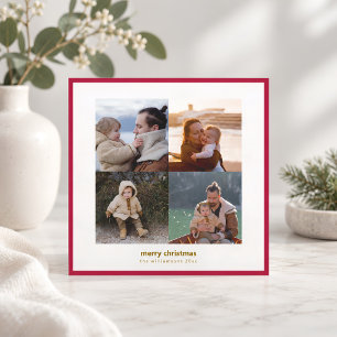 Crimson Red Four Photo Modern Minimalist Christmas Holiday Card