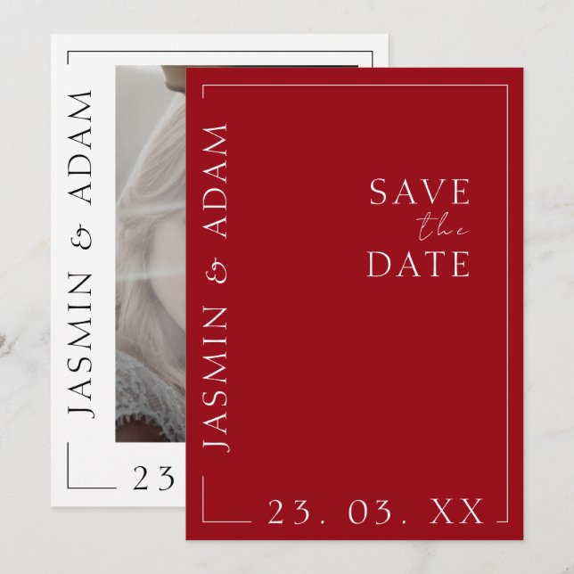 Crimson Red Framed Photo Wedding Save The Date (Front/Back)