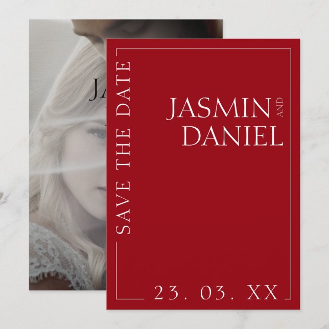 Crimson Red Framed Photo Wedding Save The Date (Front/Back)