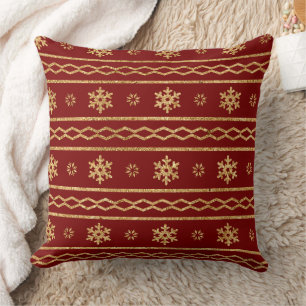Crimson Red Gold Glitter Snowflake Holiday Pattern Throw Pillow