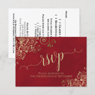 Crimson Red Gold Lace Elegant Calligraphy Wedding RSVP Card
