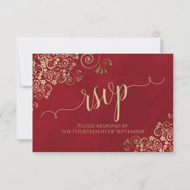 Crimson Red Gold Lace Elegant Calligraphy Wedding RSVP Card (Front)