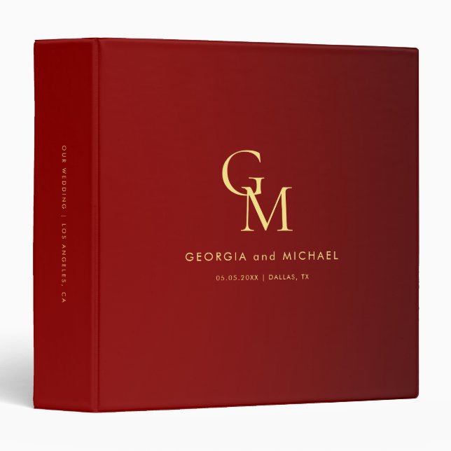 Crimson Red & Gold Monogram Minimalist Wedding Binder (Front/Spine)