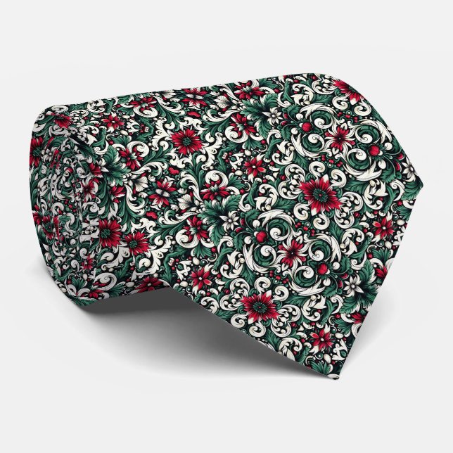 Crimson Red, Hunter Green, Black, & Ivory Floral  Tie (Rolled)