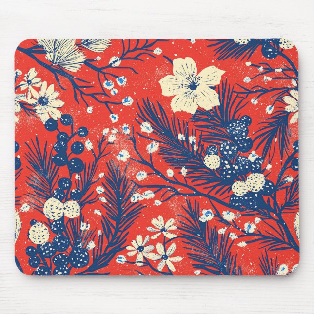Crimson Red Indigo Winter Botanical Pattern Mouse Pad (Front)