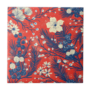 Crimson Red Indigo Winter Botanical Pattern Tile