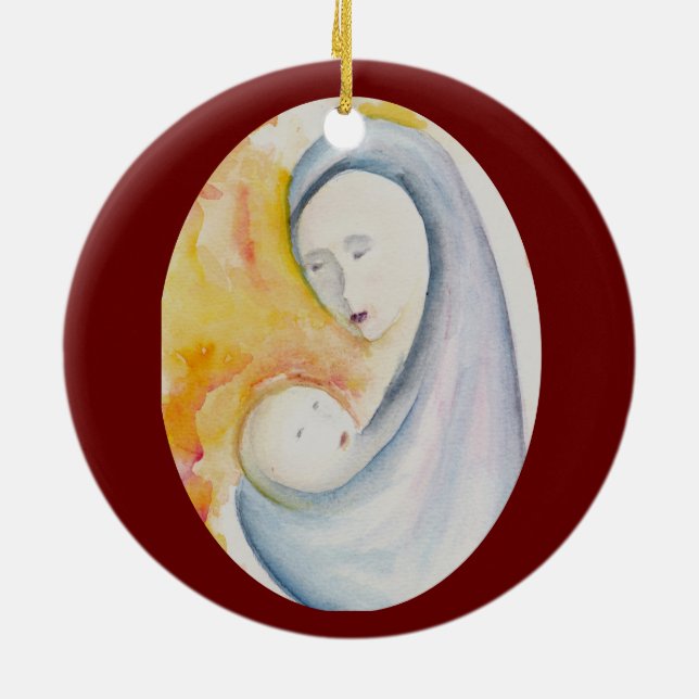 Crimson Red Madonna and Child Joy to the World  Ceramic Ornament (Back)