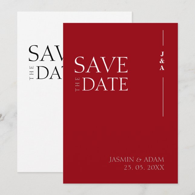Crimson Red Minimalist Monogram Save the Date (Front/Back)