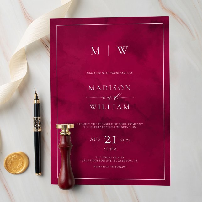 Crimson Red Monogram & Border Elegant Wedding Invitation (Creator Uploaded)