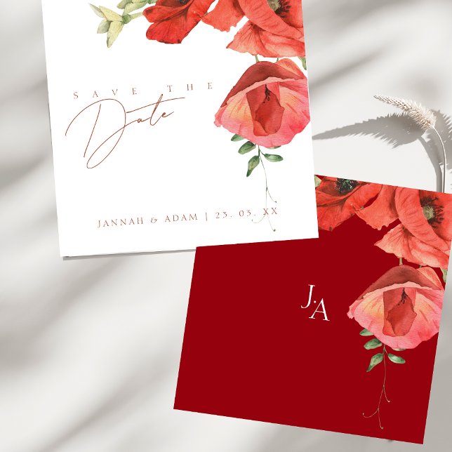 Crimson Red Poppies Floral Wedding Save The Date (Crimson Red Poppies Floral Wedding Save The Date)