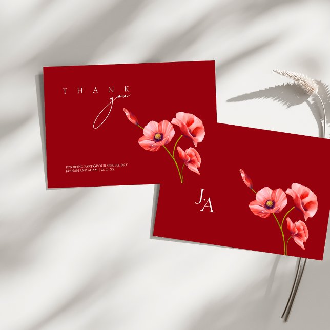 Crimson Red Poppies Wildflowers Wedding Thank You Card (Crimson Red Poppies Wildflowers Wedding Thank You Card)