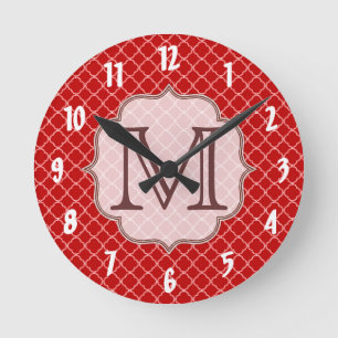 Crimson Red Quarterfoil Latti Monogram Wall Clock