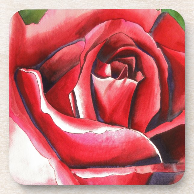 Crimson Red Rose original watercolor art Coaster (Front)
