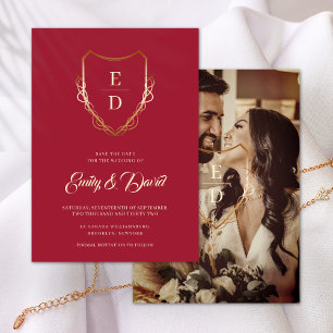 Crimson Red Rust Gold Monogram Photo Save The Date