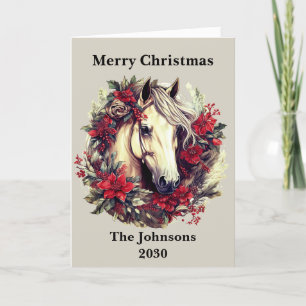 Crimson Red Rustic Christmas Horse Wreath Holiday  Card