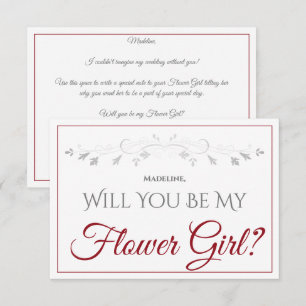 Crimson Red Script Elegant Be My Flower Girl Card