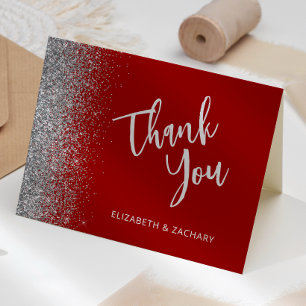 Crimson Red Silver Glitter Wedding Thank You Card