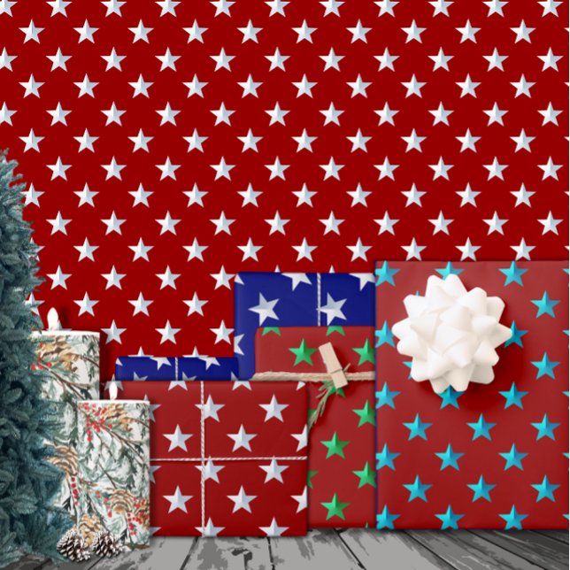 Crimson Red Silver Green Turquoise Blue Stars Wrapping Paper Sheet (Creator Uploaded)