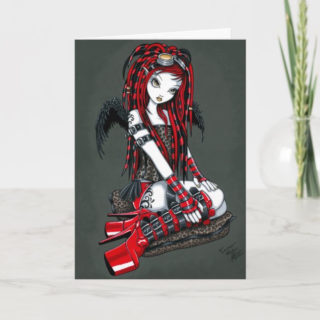 "Crimson" Red Tattoo Cyber Goth Angel Card (Front)