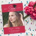 Crimson Red Typography Photo Graduation Save The Date<br><div class="desc">Double sided graduation save the date card with a typography design and a photo of the graduate in a bright shade of red. Add three more photos to the back in a clean collage. Graduation save the date template card personalized with photos.</div>