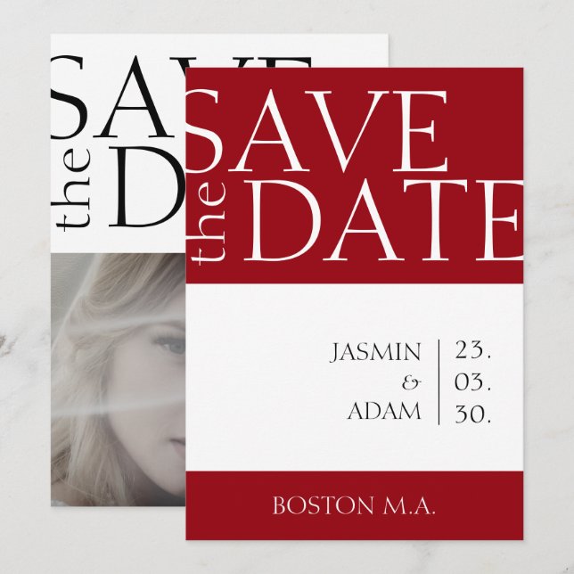Crimson Red Typography Photo Wedding Save The Date (Front/Back)