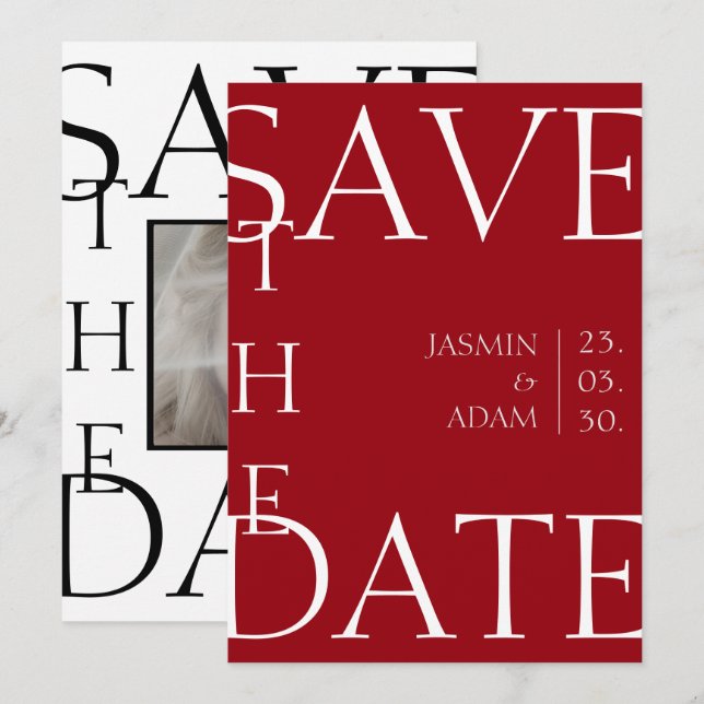 Crimson Red Typography Photo Wedding Save The Date (Front/Back)