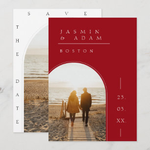 Crimson Red White Simple Photo Wedding Save The Date