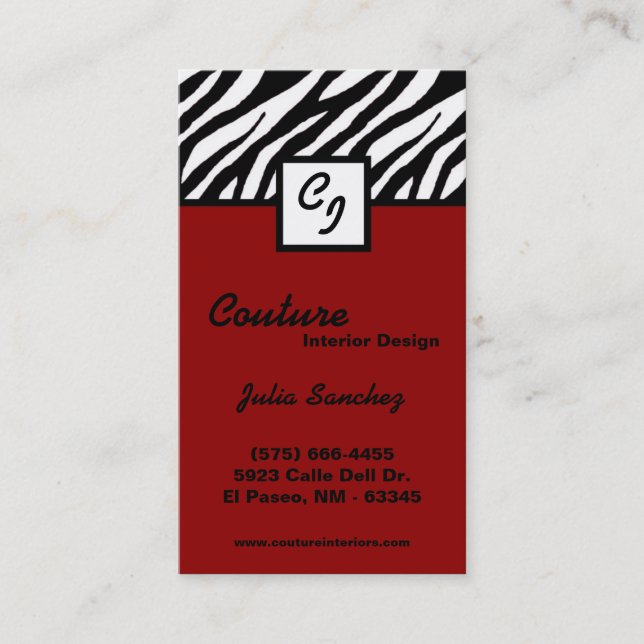 Crimson Red Zebra Print Personalize Business Card (Front)
