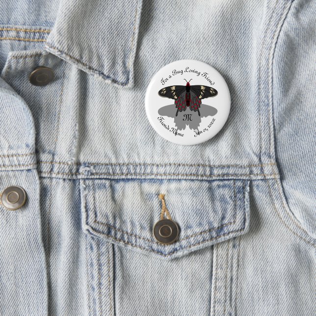 Crimson Rose Butterfly Shadow Monogram 2 Inch Round Button (In Situ)
