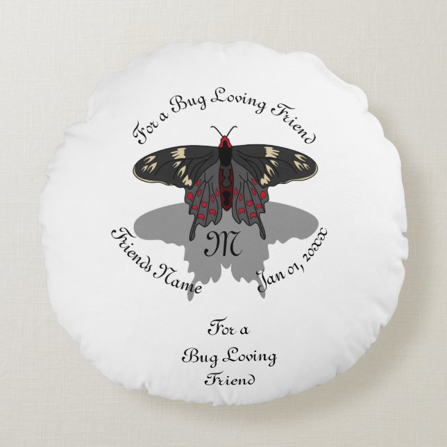 Crimson Rose Butterfly Shadow Monogram Round Pillow (Front)