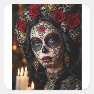 Crimson Rose Calavera – Elegant Day of the Dead Square Sticker