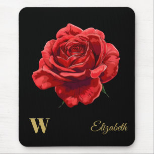 Crimson Roses on Black Gold Script Personalized Mouse Pad