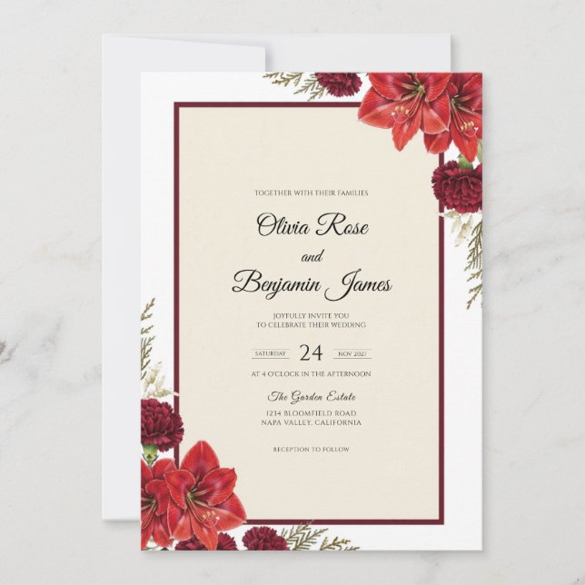 Crimson Ruby Bloom Wedding Invitation (Front)