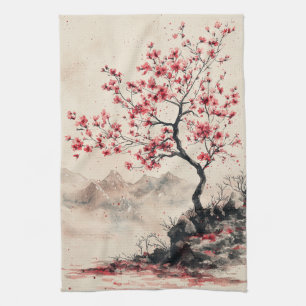 Crimson Sakura Mountain Serenity (1) Kitchen Towel