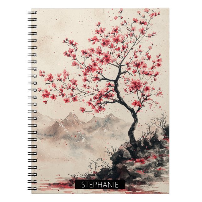 Crimson Sakura Mountain Serenity (1) Notebook (Front)
