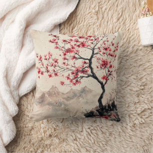 Crimson Sakura Mountain Serenity (1) Throw Pillow