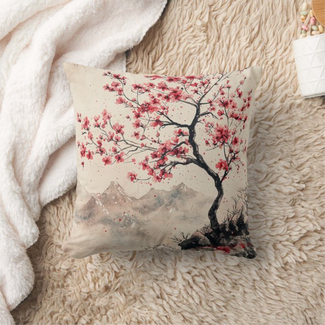 Crimson Sakura Mountain Serenity (1) Throw Pillow (Blanket)